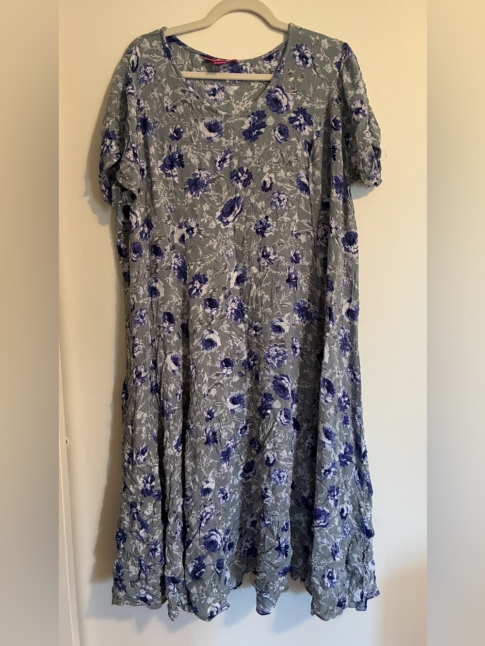 Woman Within Gray Midi Dress with Blue Floral Print